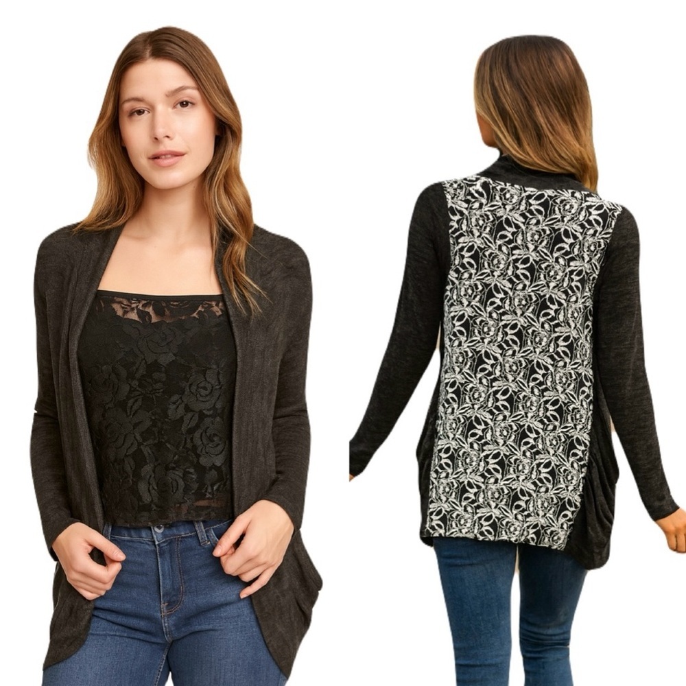 WET SEAL Black Open-Front Cardigan Sheer White Floral Lace Back‎ Sz S Y2K Whimsy
